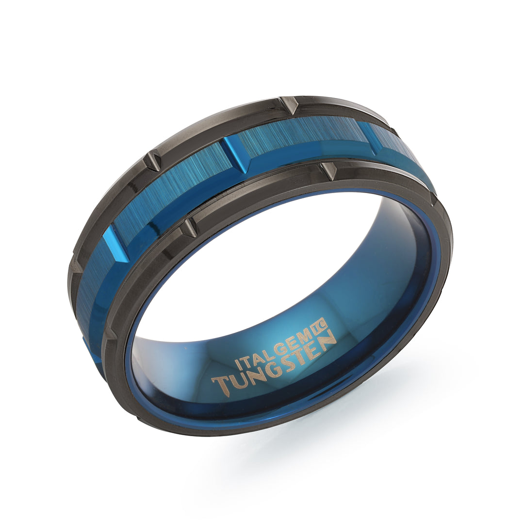 30% OFF - Black & Blue Tungsten Rectangular Carved Band