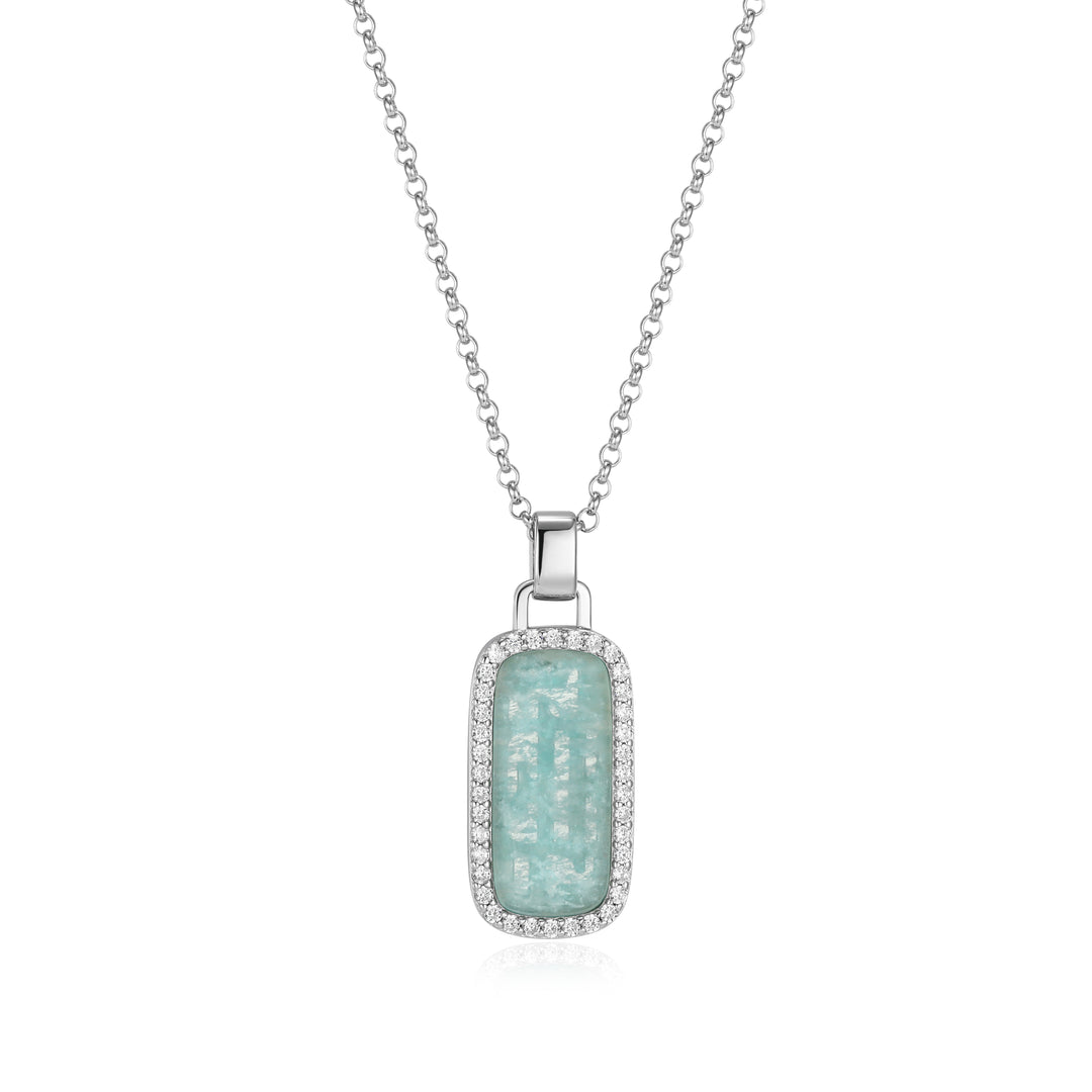 ELLE "Allure" Rhodium-Plated Sterling Silver Amazonite & CZ Halo Pendant
