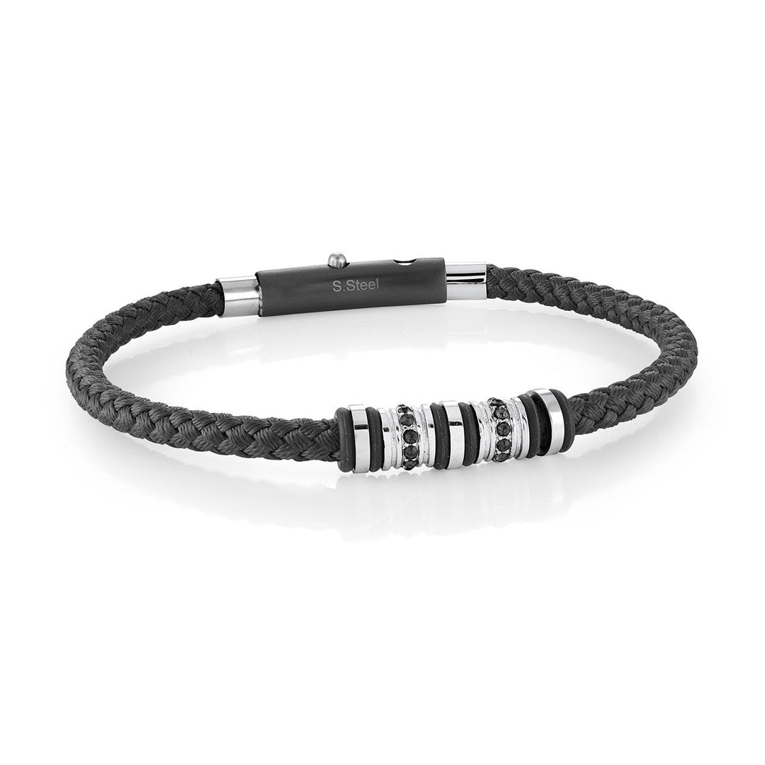 Italgem Steel Black Braided Leather Bracelet with Stainless Steel Bead