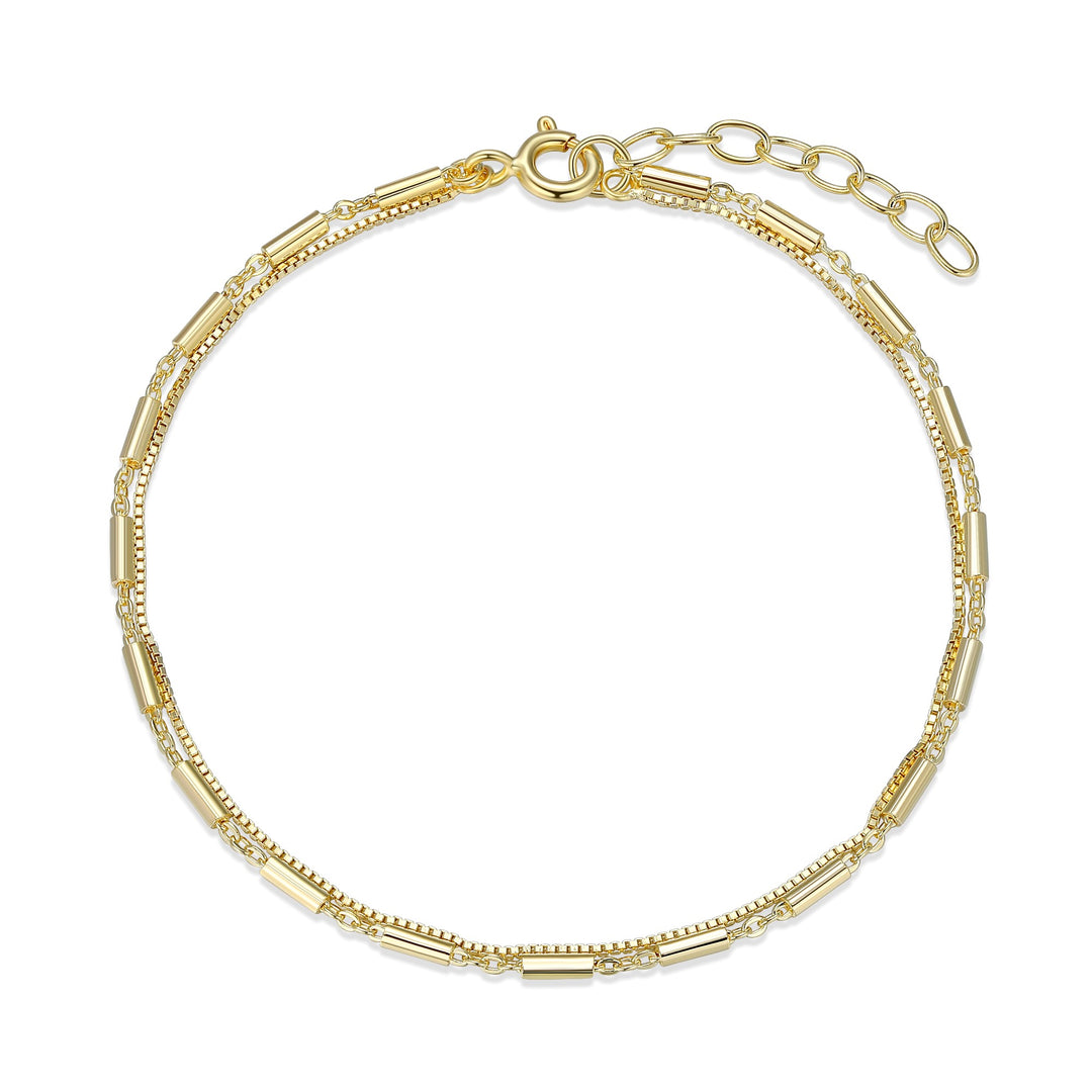 Reign Sterling Silver gold plated Box link chain & Spacer Tube Chain Bracelet, 6.5+1"