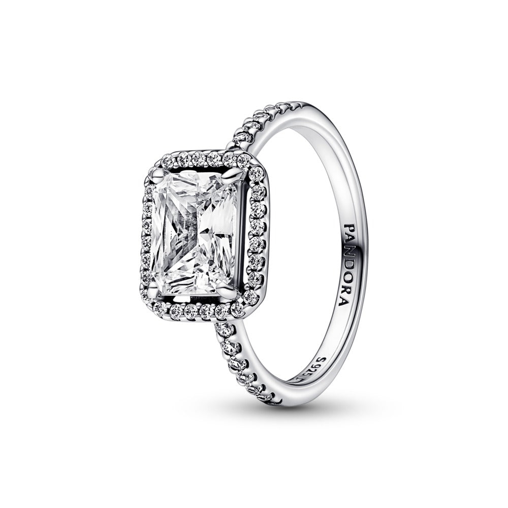 Pandora Rectangular Sparkling Halo Ring, Size 7