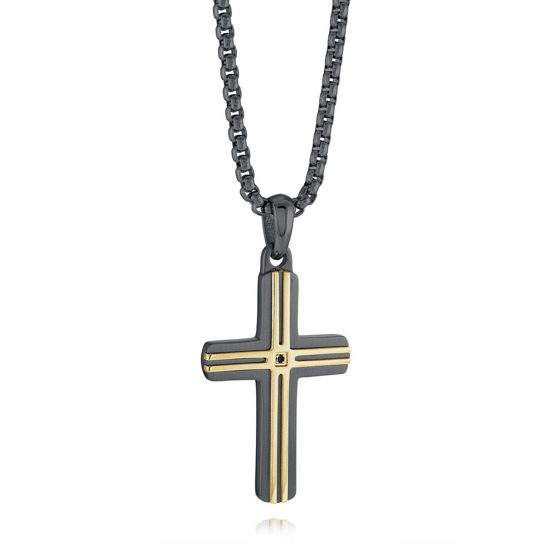 Italgem Steel Black & Gold IP Groove Pattern Cross Pendant