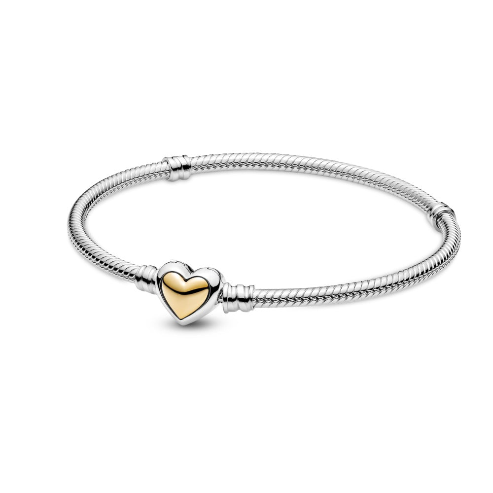 Pandora Domed Golden Heart Clasp Snake Chain Bracelet, 7.1"