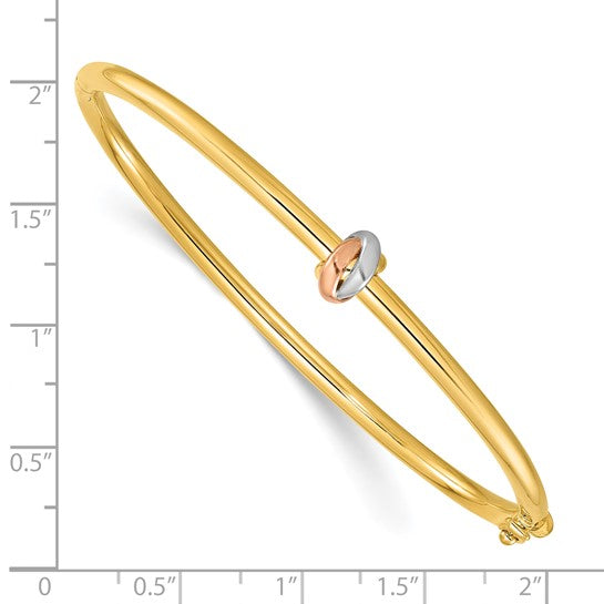 14K Yellow Gold 3mm Domed Oval Bangle Bracelet with Tri-Tone Love Knot