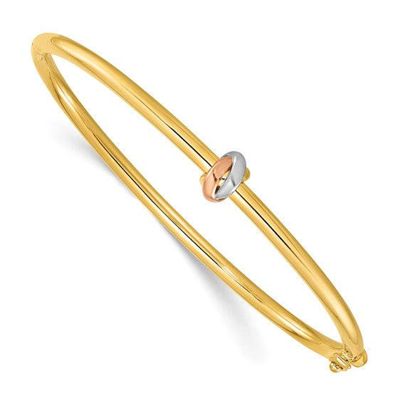 14K Yellow Gold 3mm Domed Oval Bangle Bracelet with Tri-Tone Love Knot