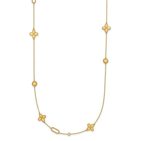 14K Yellow Gold Multi-Charm Clover and Mirror Disc Station Necklace