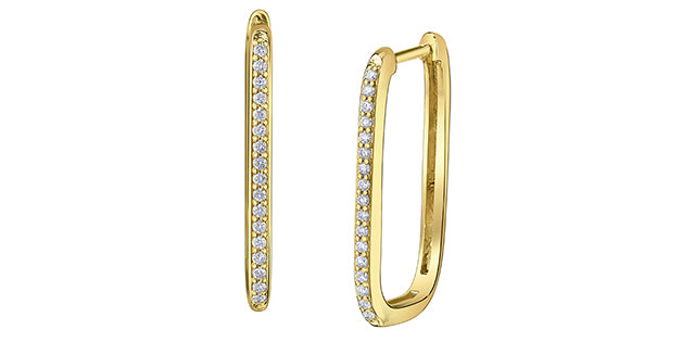 10k Yellow Gold Rectangular Diamond Hoop Earrings. 0.09tdw