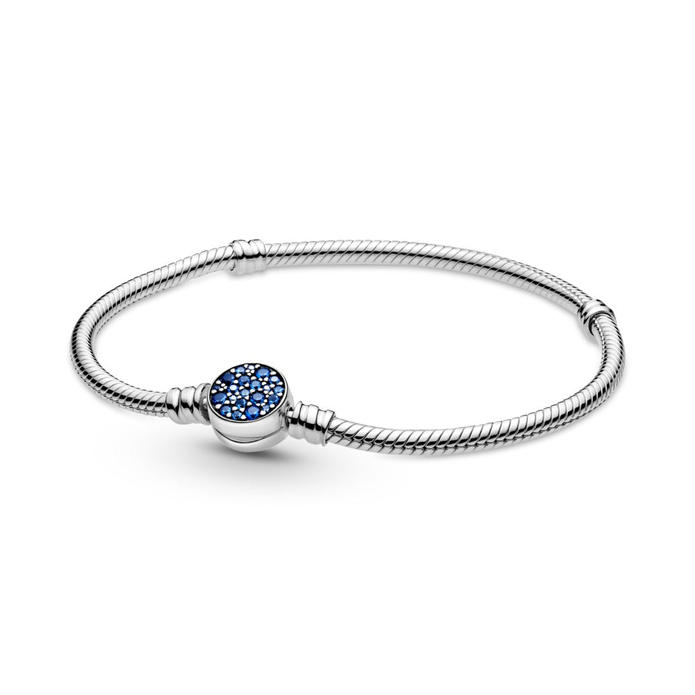 Pandora Moments Sparkling Blue Disc Clasp Snake Chain Bracelet, 7.1"