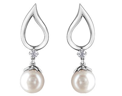 10K White Gold Pear Shaped Drop Pearl Earrings, 0.08TDW