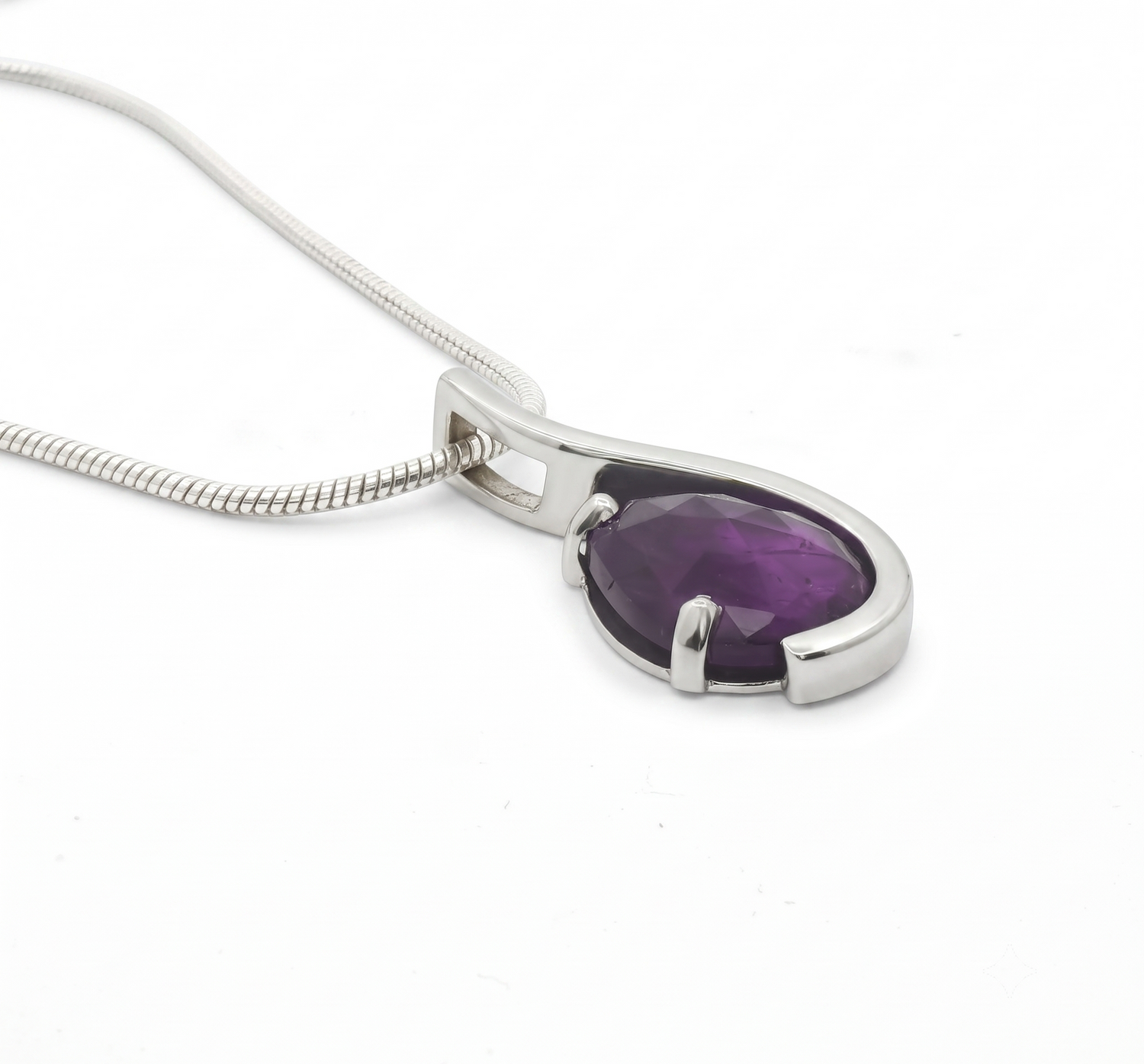 One-of-a-Kind Sterling Silver Pear Checkerboard Amethyst Curved Pendant, Chain Sold Separately