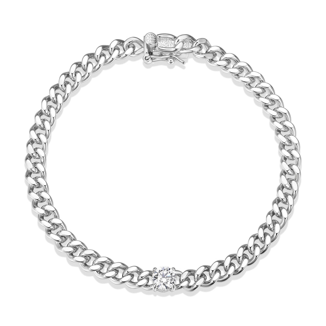 Reign Sterling Silver Rhodium Plated 5.5mm CZ round Flat Curb Link Bracelet, 7"