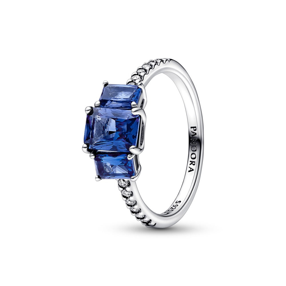 Pandora Blue Rectangular Three Stone Sparkling Ring, Size 6