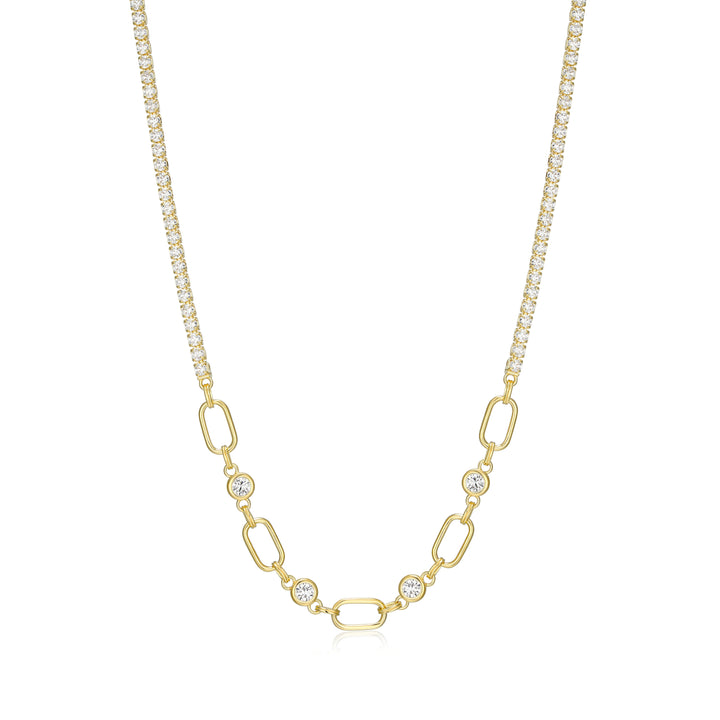 18k Gold-Plated Sterling Silver Half Tennis & Paperclip CZ Necklace