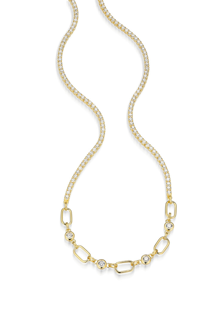 18k Gold-Plated Sterling Silver Half Tennis & Paperclip CZ Necklace