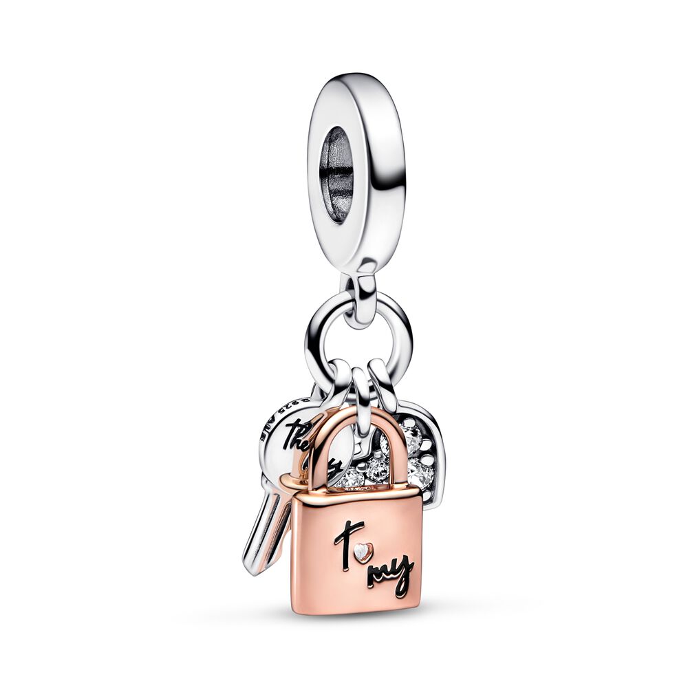 Pandora Two-tone Key, Padlock & Heart Triple Dangle Charm