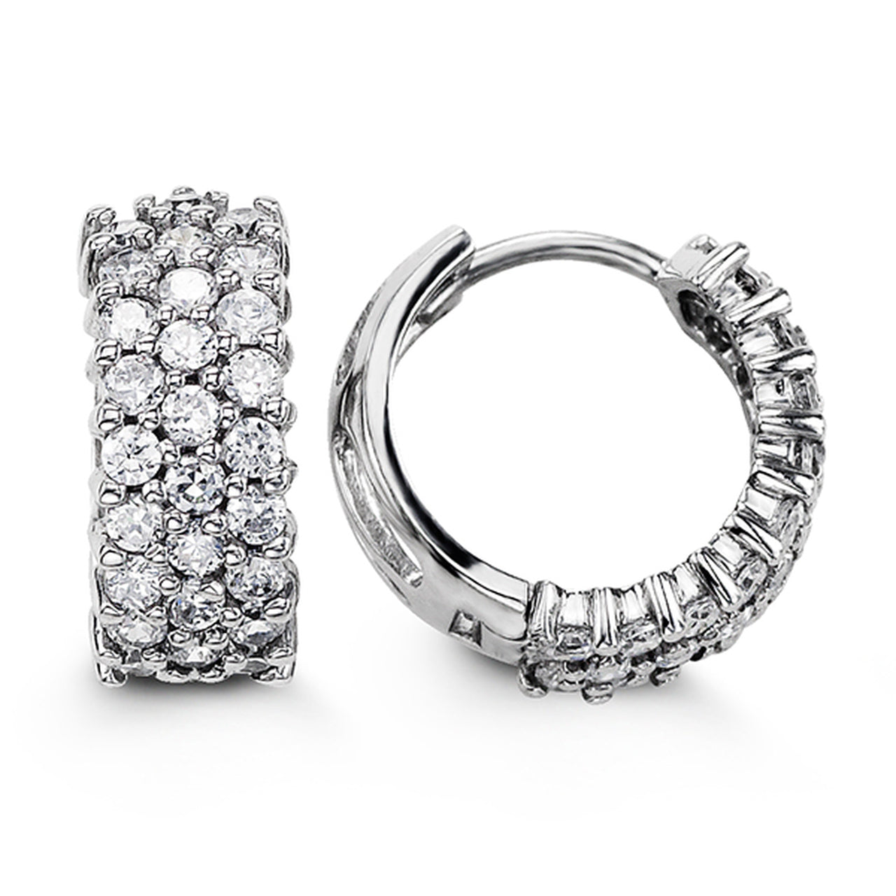 Silver 14MM Triple Row CZ Huggie Hoops