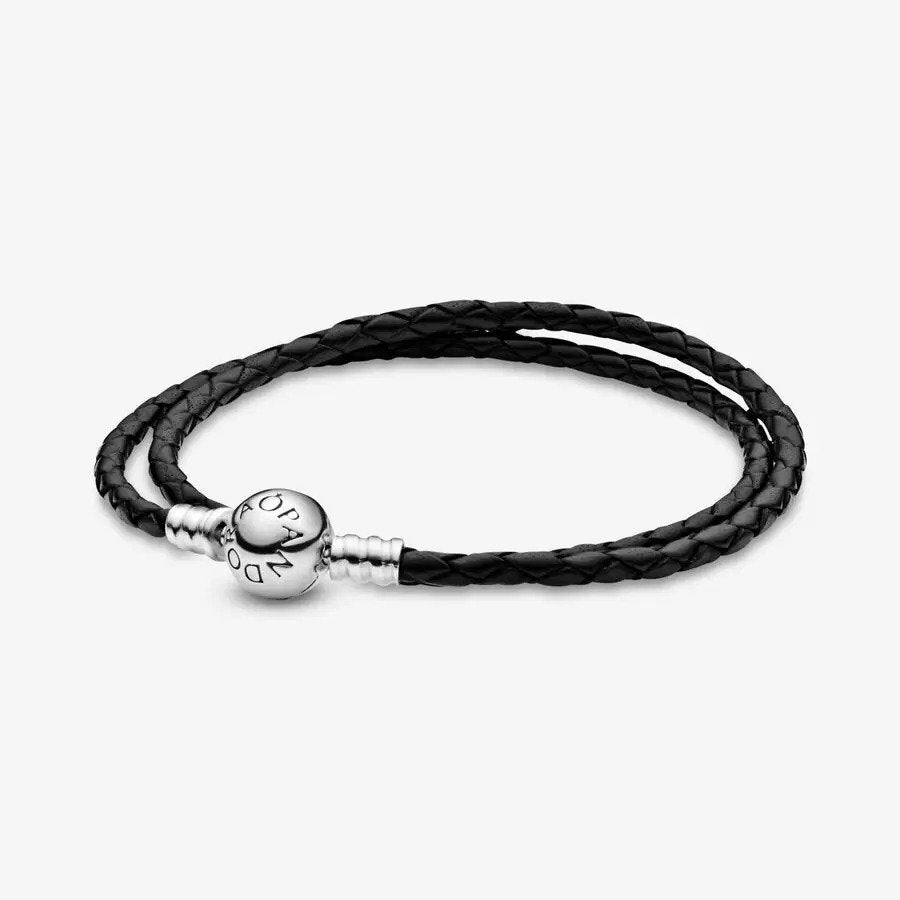 PandoraMoments Double Black Leather Bracelet, 16.1"