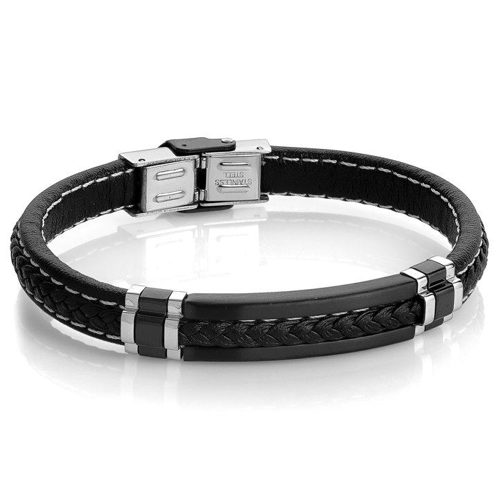 8.6MM Black & Steel Braided Leather Bracelet, 8"