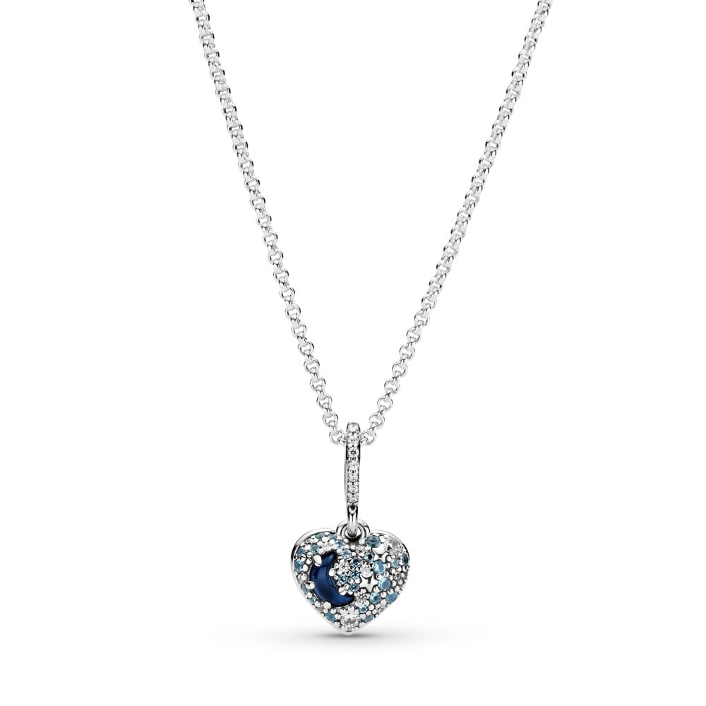 Pandora Sparkling Blue Moon & Stars Heart Necklace, 19.7"