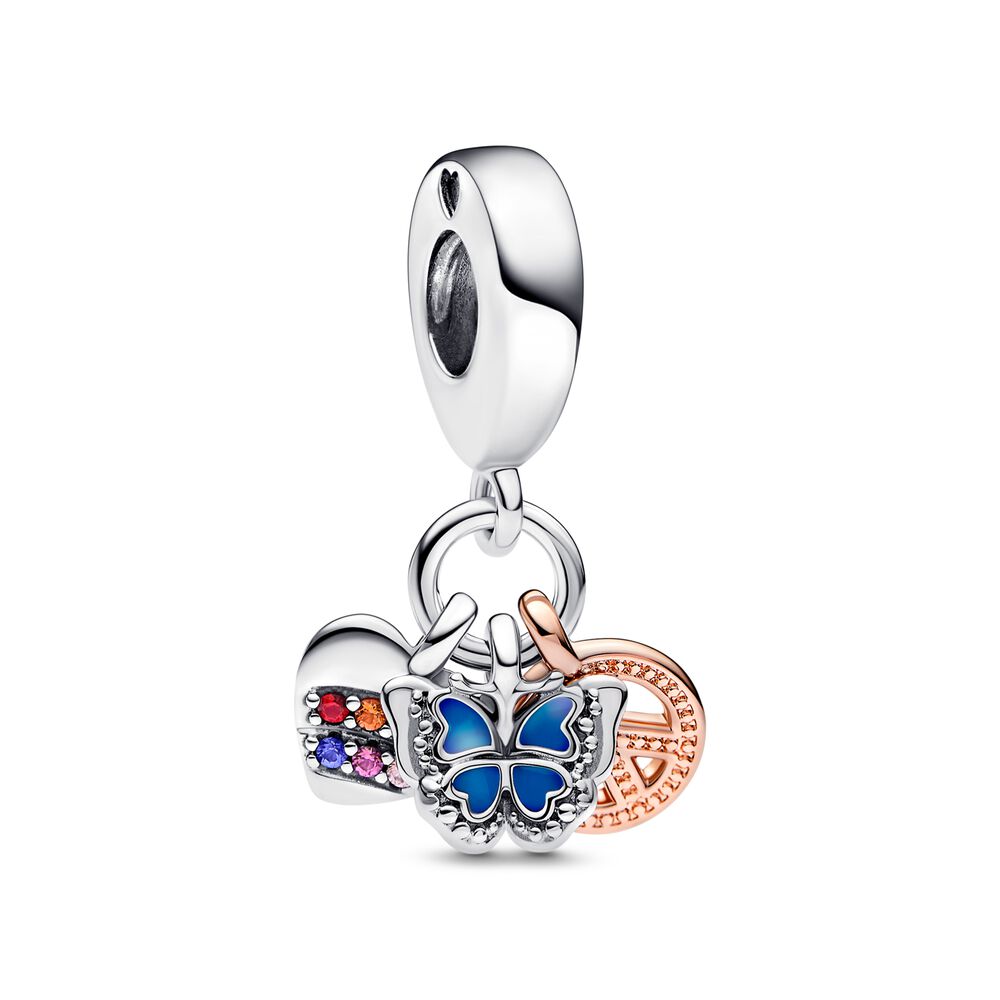 Pandora Two-Tone Rainbow Heart, Butterfly & Peace Triple Dangle Charm