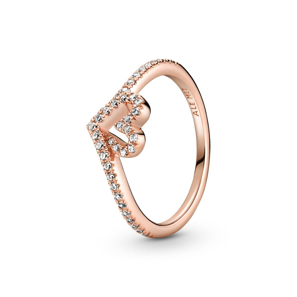 Pandora Sparkling Wishbone Heart Ring, size 6.0