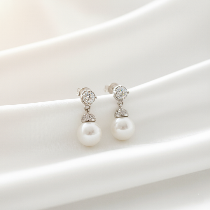 8MM Pearl & CZ Dangle Earring, Sterling Silver