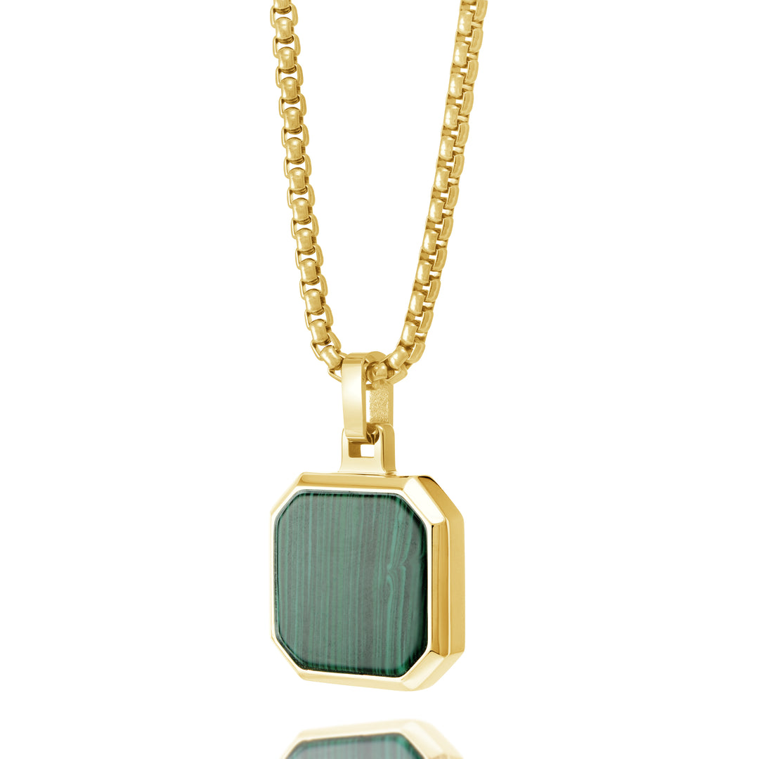 Stainless Steel Gold Plated Malachite Octogon Square Necklace.