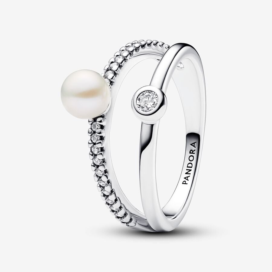 Pandora Treated Freshwater Cultured Pearl & Pavé Double Band Ring, Size 7