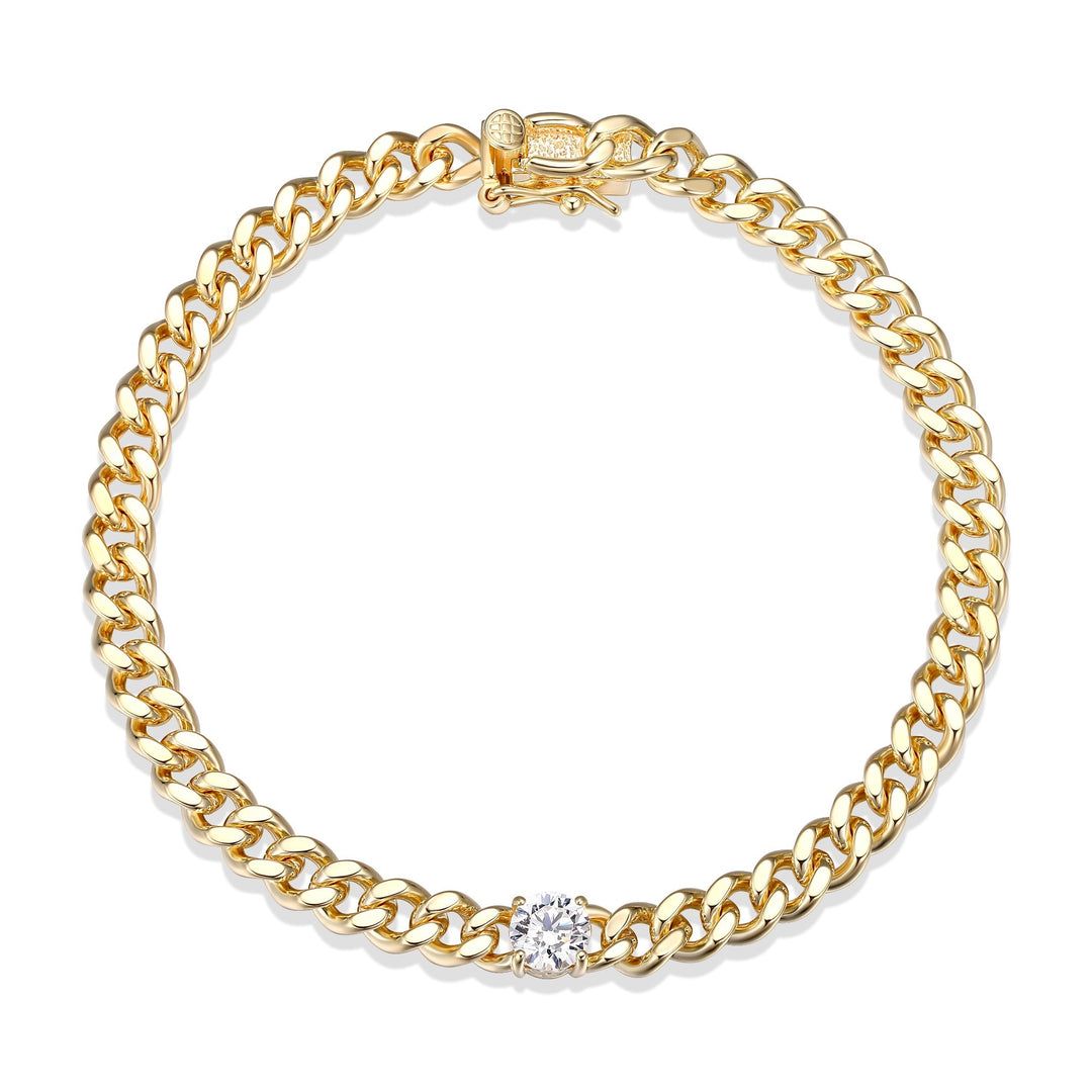 Reign Sterling Silver Gold Plated CZ Round 5.5mm Flat Curb Bracelet, 7"