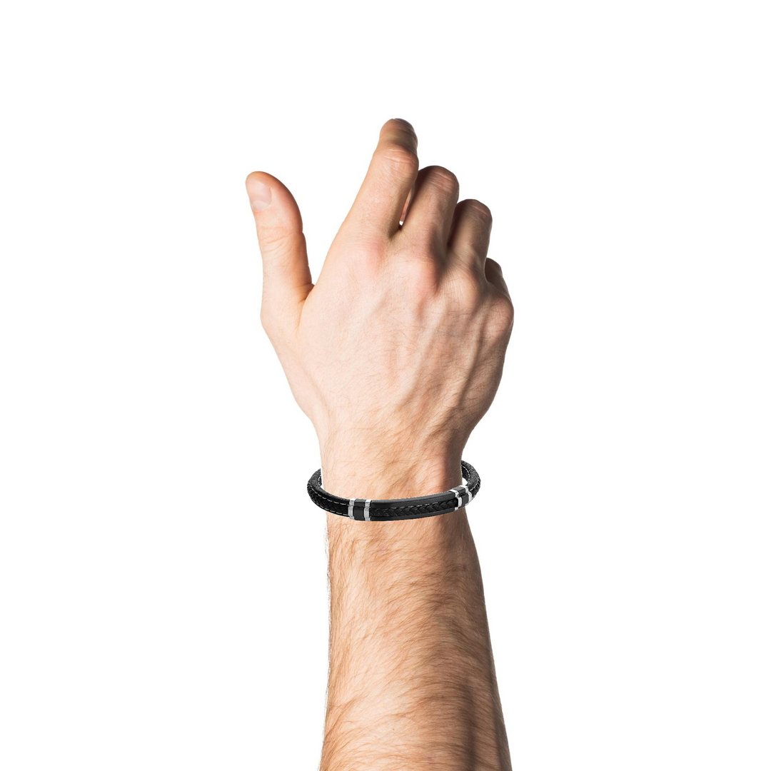 8.6MM Black & Steel Braided Leather Bracelet, 8"