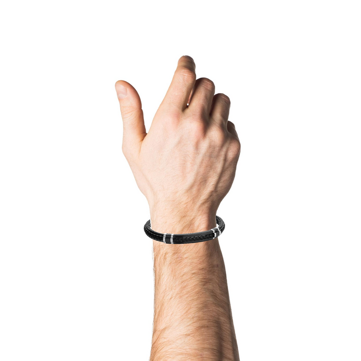 8.6MM Black & Steel Braided Leather Bracelet, 8"