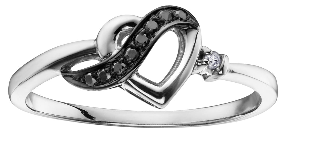 10K Clear & Black Diamond Heart Ring