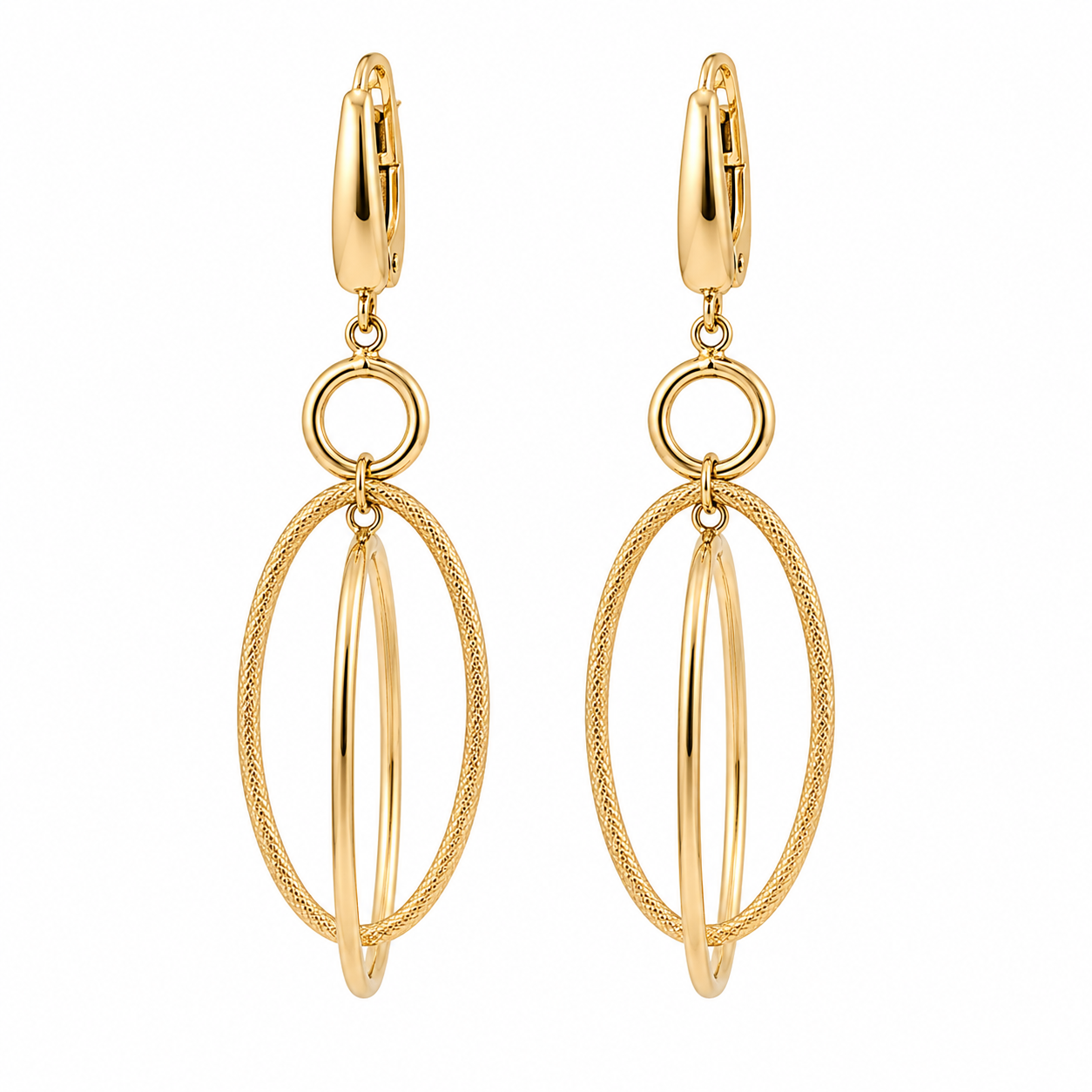 10K Double Oval Textured Dangle Earrings in Yellow Gold