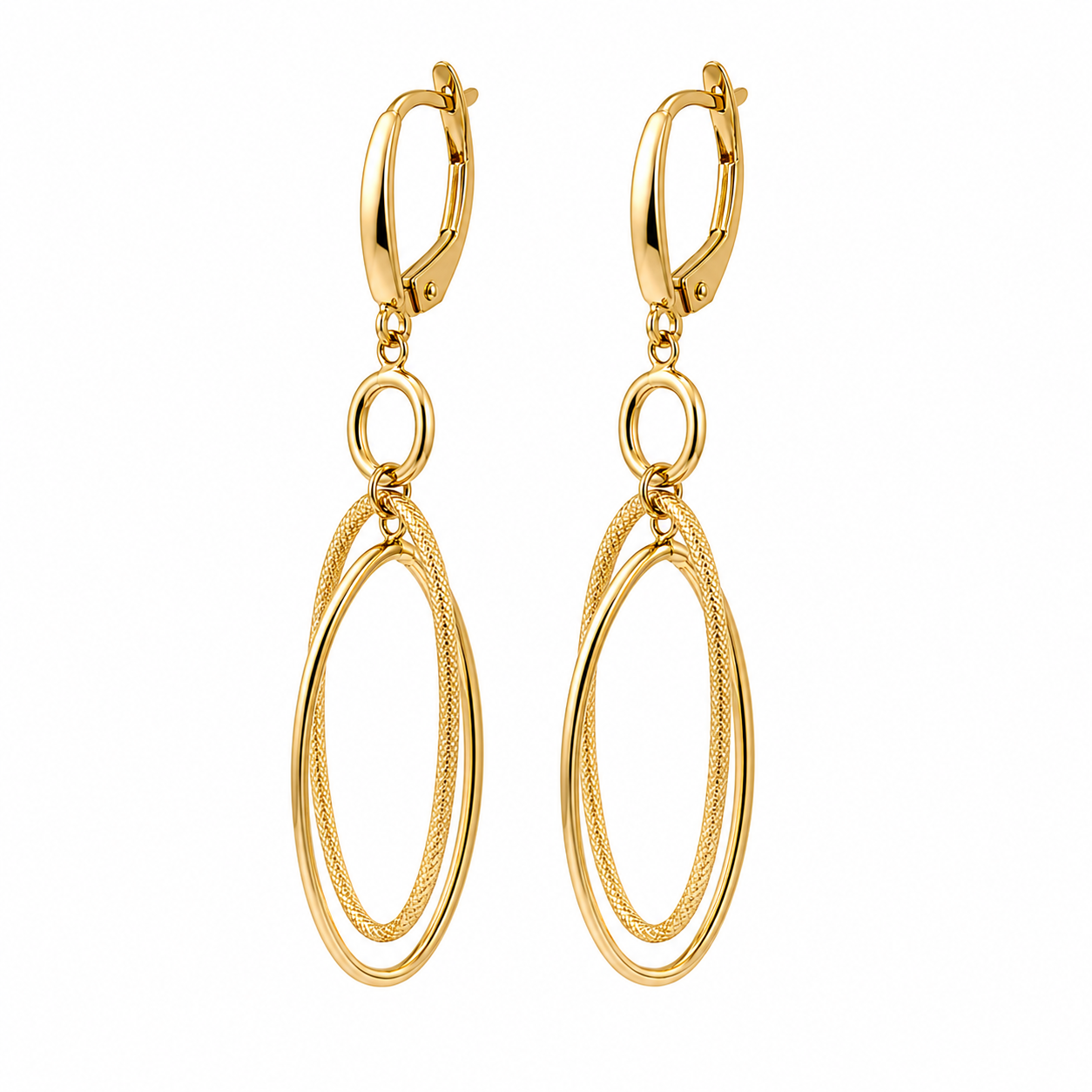 10K Double Oval Textured Dangle Earrings in Yellow Gold