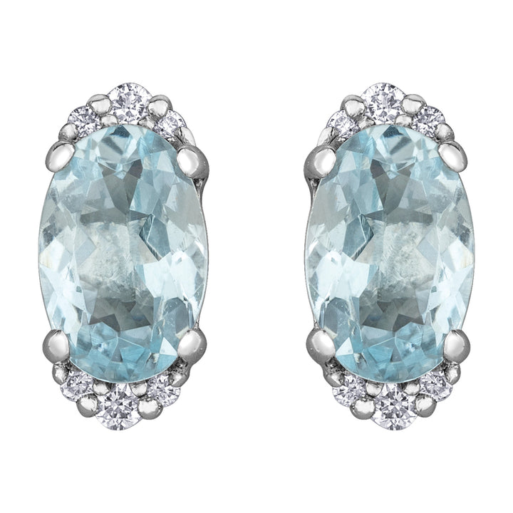 10K White Gold Oval Aquamarine & Diamond Halo Studs