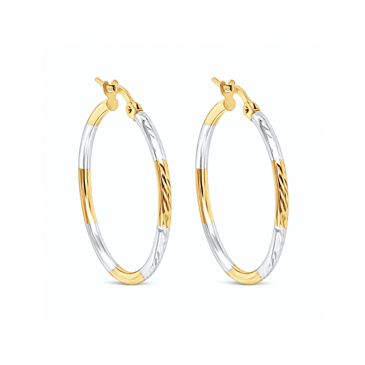 10k Two-Tone Hoope Earrings with Diamond Cut Accents