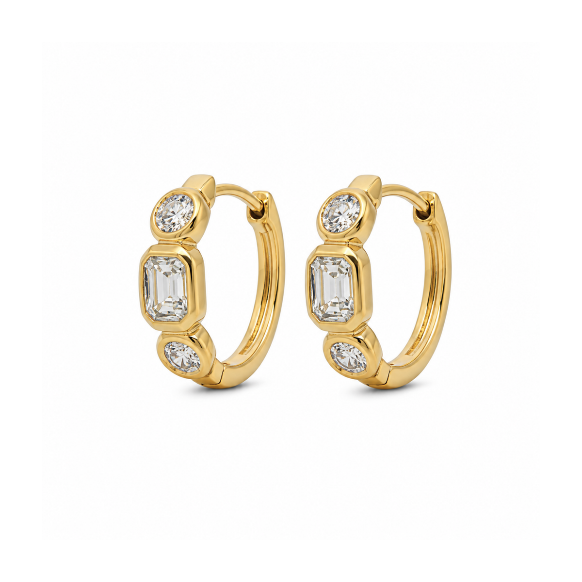 14k Yellow Gold Three Stone Diamond Huggie Hoop Earrings