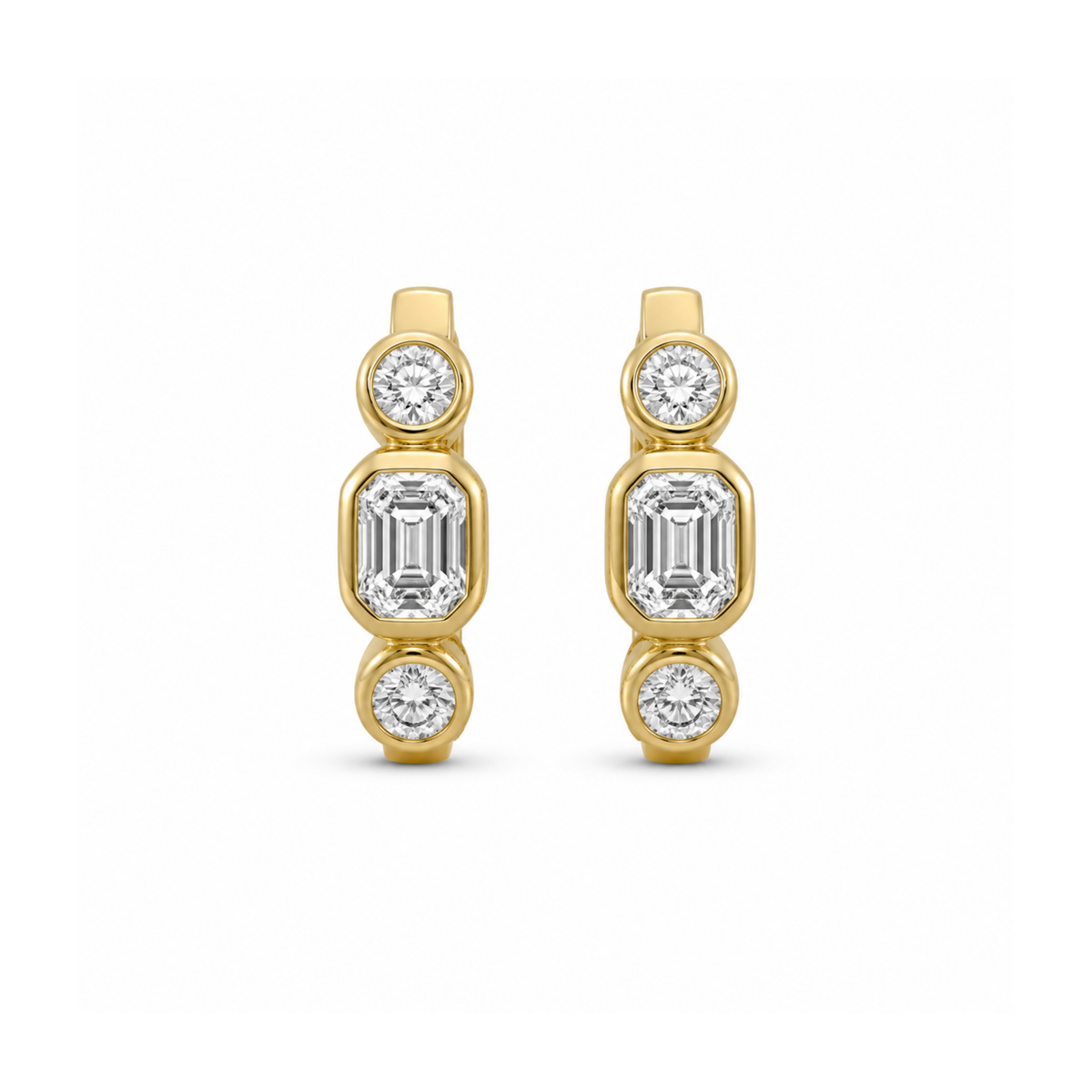 14k Yellow Gold Three Stone Diamond Huggie Hoop Earrings