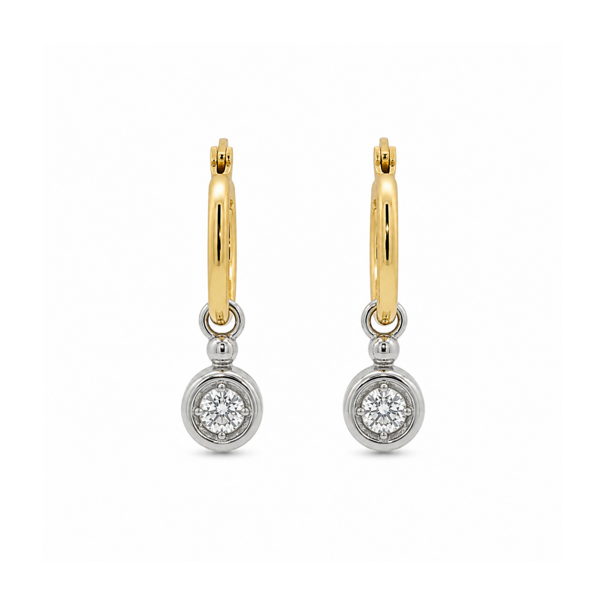 14k Yellow and White Gold Diamond Dangle Charm Small Hoops
