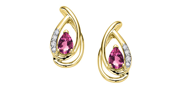10K Yellow Gold Pear Pink Tourmaline & Diamond Bypass Studs