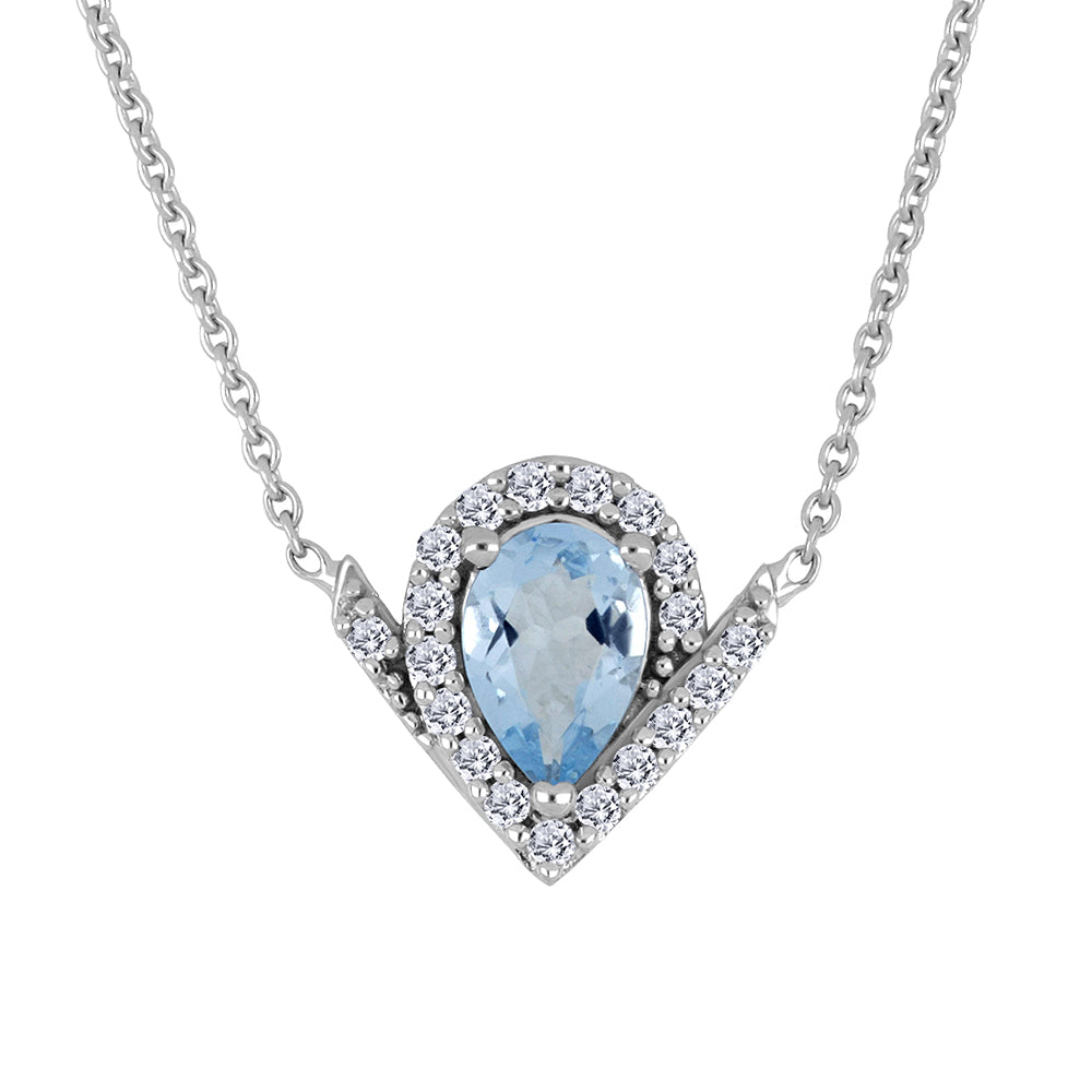 10K White Gold Pear Aquamarine & Diamond Chevron Halo Pendant