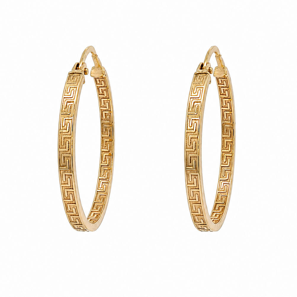 10K Yellow Gold Greek Key Patterned Hoop Earrings