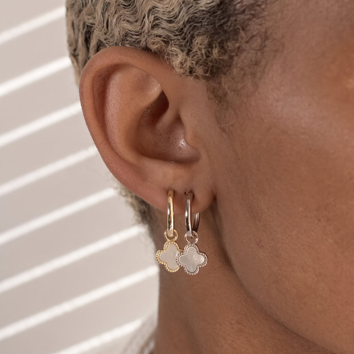 Gold Vermeil Silver Huggie Hoops with Clover Dangle
