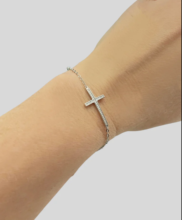 Rhodium-Plated Sterling Silver Sideways Cross Bracelet