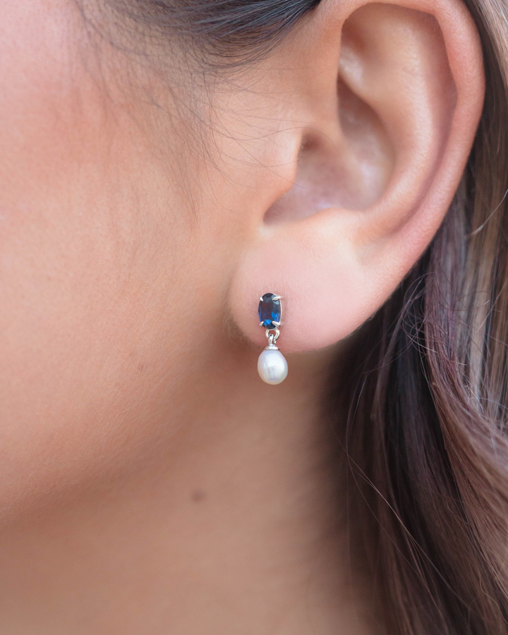 Freshwater Pearl & Sapphire Blue CZ Drop Earrings