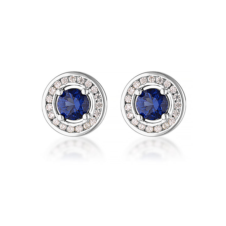 Round White & Blue CZ Halo Stud Earrings