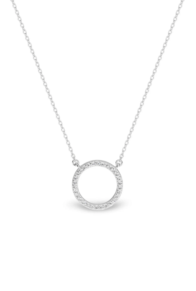 Open Circle Silver Necklace with CZ Accents, 18"