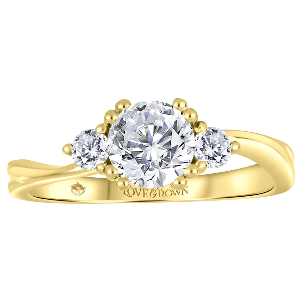 Love Grown 14ky LG Three Stone Engagement Ring 0.75ct round center 0.92tdw