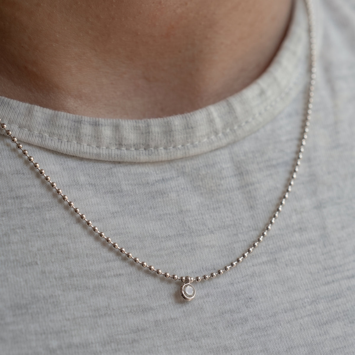 Silver Beaded Chain with Bezel Set CZ Charm
