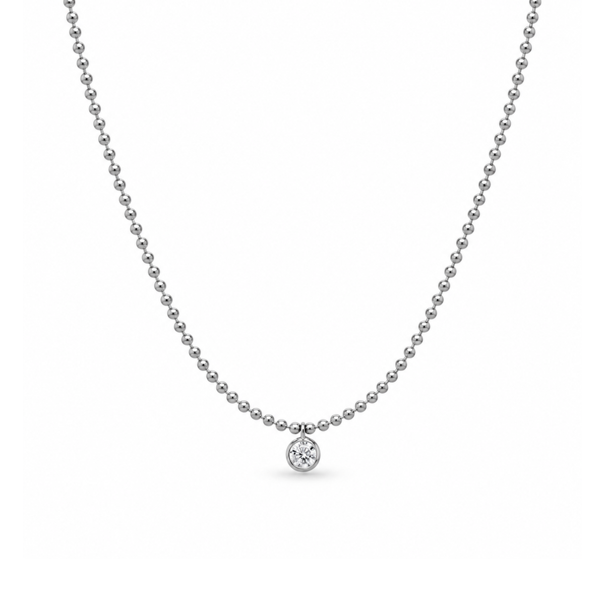 Silver Beaded Chain with Bezel Set CZ Charm